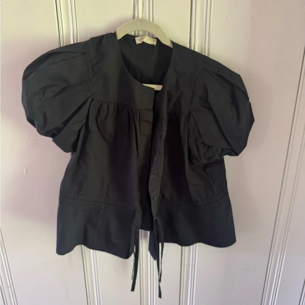 Ulla Johnson Black Puff-Sleeve Drawstring Peplum Top - Picture 3 of 4